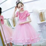 韩系24童装女童连衣裙短袖公主裙夏季中大童圆领蕾丝亮片时尚