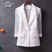 夏季薄款蕾丝七分袖西装外套，女2023韩版修身拼接网纱小西服潮