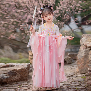 绝美汉服女童原创古装樱花公主国风唐装儿童粉色连衣裙仙气风夏季
