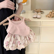 女童夏款套装2024女宝宝时尚吊带儿童洋气玫瑰花苞短裤两件套