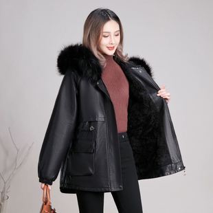 大毛领加绒皮棉衣中长款2023韩版派克服时尚PU皮衣冬季外套女