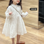 韩系女童白色提花蕾丝边立领连衣裙2024夏款女孩宝宝甜美公主裙子
