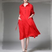 夏大码潮女装polo领红色，棉麻有口袋遮肚衬衫裙，休闲宽松显瘦连衣裙