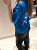 韩国2024夏季女装显瘦常规版宽松宝蓝色刺绣卡通短袖t恤