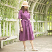 （相思）西河自制原创紫色色织亚麻暗格子夏季宽松中袖连衣裙