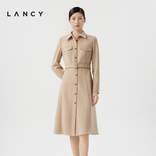 LANCY/朗姿春秋长袖收腰中长款法式衬衫连衣裙女修身气质裙子