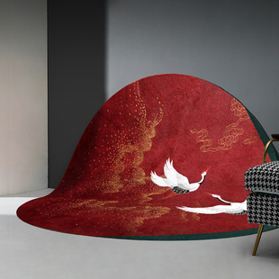 新中式圆形地毯中国风客厅卧室圆毯红色仙鹤时尚国风茶几垫床边毯