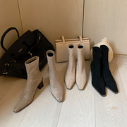 黑色高跟弹力靴子女短靴秋冬季单靴粗跟中跟瘦瘦靴方头绒面靴