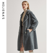 海兰丝2023冬时尚皮毛一体皮草外套，女灰色长款羊羔，毛颗粒(毛颗粒)大衣