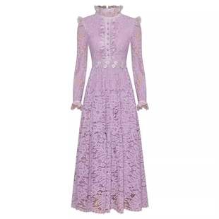 女装长袖镂空钩花钉珠显瘦大摆紫色连衣裙时尚裙中长裙涤纶欧美风