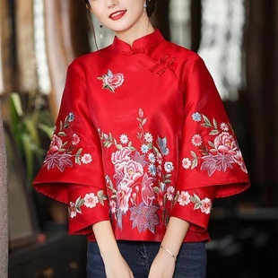 中国风复古改良唐装旗袍中式盘扣立领红色衬衫设计感上衣女春衬衣