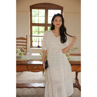 竹依依时尚法式米白色，蕾丝泡泡袖，连衣裙甜美短袖娃娃裙夏季女