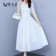 白色连衣裙女夏季2024气质高级感度假风仙气蕾丝雪纺长款裙子