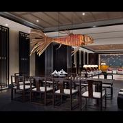新中式鱼形吊灯灯中式木皮鱼型大吊灯售楼部特色，创意工程木皮吊灯