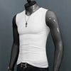 夏季男士T恤纯棉纯色白色宽肩背心运动健身V领无袖修身坎肩体恤衣