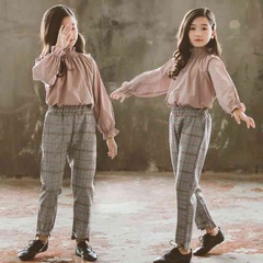 女童春装套装韩版时尚格子长裤长袖衫两件套女中大童