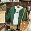 damas韩国儿童绿色针织，开衫简约百搭刺绣小狗，净色针织薄毛衣外套