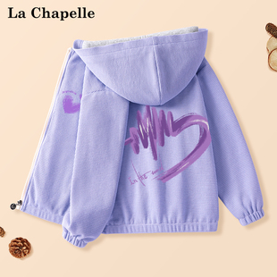 拉夏贝尔女童外套2024春装儿童，连帽紫色华夫格衣服女孩上衣潮