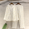 日系水洗布睡衣女夏长袖(夏长袖)薄款白色柠檬，梭织人造棉布睡衣家居服套装
