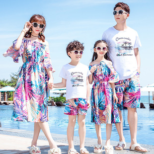 沙滩亲子装家庭套装泰国三亚母女沙滩裙夏海边度家四口拍照服