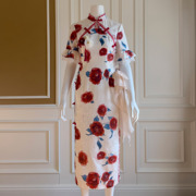 法式中式复古改良旗袍轻奢红色花朵短袖订婚宴会礼服印花连衣裙