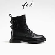 fed厚底马丁靴女冬季靴子真皮短靴黑色机车靴女款R1128-ZF081