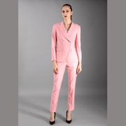 女士小西装2023商务套装女粉色职业装修身长袖双排扣通勤纯色