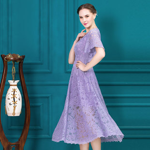 紫霞仙子 金丝线重工蕾丝礼服连衣裙高贵紫色喇叭袖长款收腰大摆