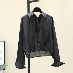 黑色短款衬衫女2024夏季韩版薄款长袖衬衣，蝙蝠袖防晒披肩上衣