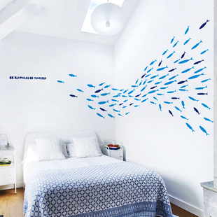 海洋小鱼群客厅墙贴卧室床头，创意墙壁贴画浴缸推拉门卫生间贴纸