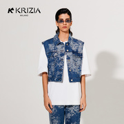 kkrizia2022秋季深蓝色，泼墨系列设计感时髦短款牛仔马甲女