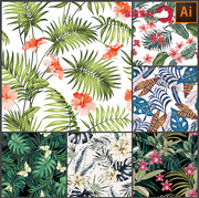 热带雨林花朵夏季鲜花植物树叶，墙纸家居印花图案，矢量设计素材2614