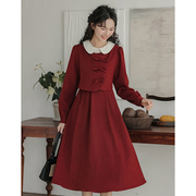 新中式连衣裙长袖酒红色小个子长裙收腰秋冬季少女日常红裙子