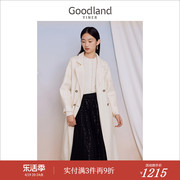 Goodland美地女装2023冬季白色钉钻外套绵羊毛双面毛呢大衣