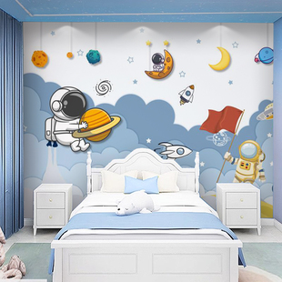 卡通儿童房壁纸男孩，房间背景墙壁布宇航员壁画装饰墙，贴画卧室墙布