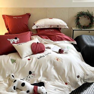 晚安猫奇趣乐园，100支全棉四件套喜庆中国红纯棉床单被套床上用品