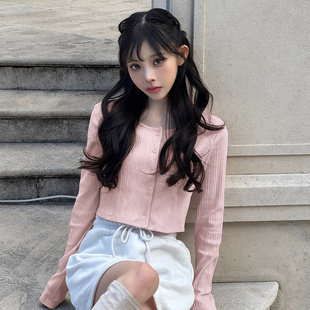 A03077日单新款客供料单排扣有弹性圆领修身甜美温柔女短针织外套