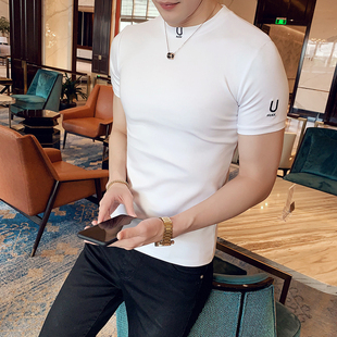 秋季短袖t恤男韩版修身半袖体桖打底衫半高领潮流个性夜店紧身T血