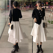 大码女装针织长袖毛衣韩版宽松时尚胖mm显瘦遮肉气质黑白裙套装
