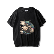 日系潮牌短袖T恤男夏季原宿复古街头猫咪的攻击印花纯棉半袖上衣