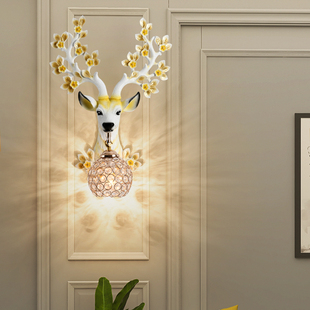 招财鹿头壁灯客厅电视背景墙，美式床头卧室玄关，欧式鹿角灯装饰灯具