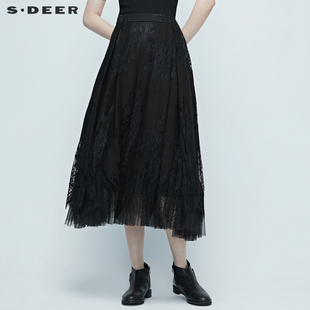 sdeer圣迪奥女装夏装层次镂空蕾丝网纱，拼接半身裙中长裙s20281118