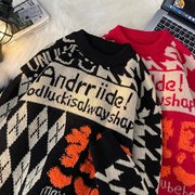 国潮美式hiphop创意植绒情侣毛衣男秋冬设计感慵懒风红色针织线衫