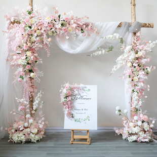 粉色垂吊花排婚庆创意婚礼拱门壁挂拍照直播背景道具装饰花艺舞台