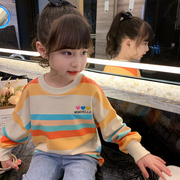 女童t恤洋气女孩春秋卫衣，圆领条纹长袖衫2024韩版中大童上衣