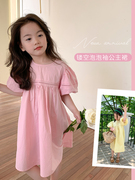 女童夏季连衣裙韩版纯色蕾丝，镂空公主裙儿童，宝宝甜美泡泡袖长裙子