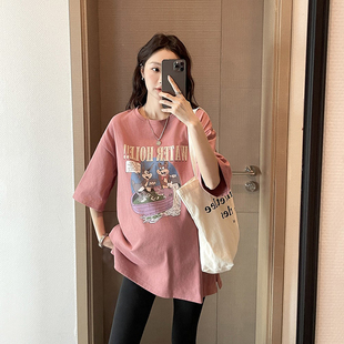 孕妇t恤短袖卡通纯棉，粉色夏季2024韩版休闲宽松中长款上衣潮