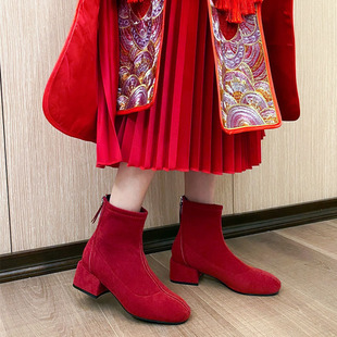 冬季婚鞋红婚靴加绒新娘鞋短靴红色订婚鞋秀禾鞋孕妇可穿平跟婚鞋