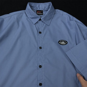 雾霾蓝痞帅气质短袖衬衫设计感蓝色衬衣夏季有领带领宽松开衫t恤