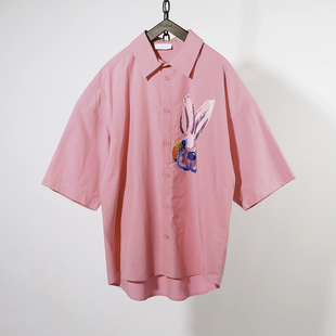 牧木男装夏季设计师，潮牌宽松粉红色短袖衬衫，男纯棉半袖衬衣潮